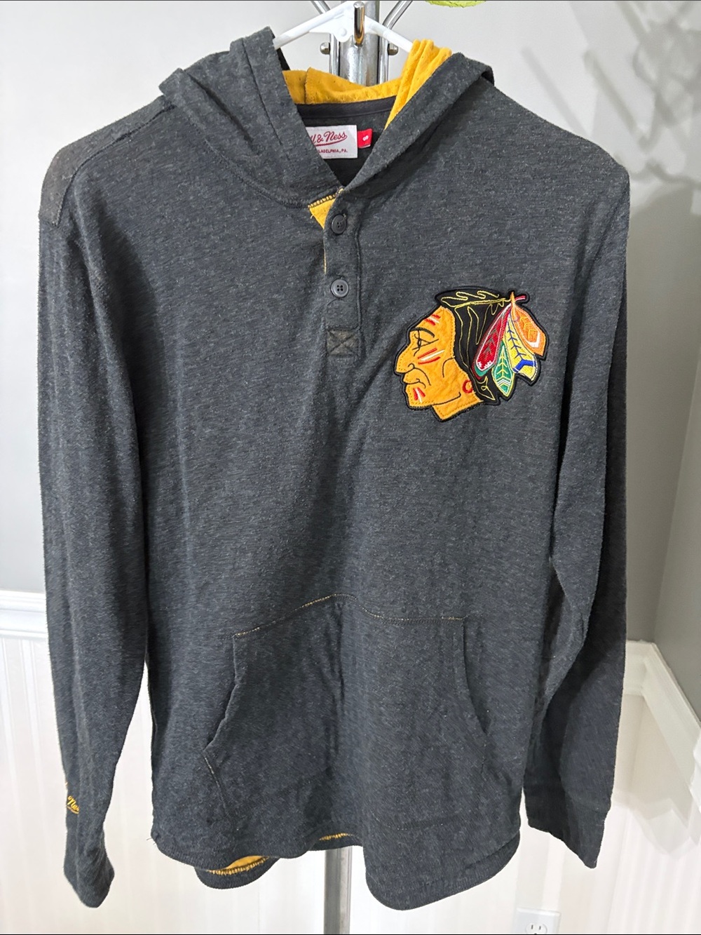 Men's Charcoal Zip-Up Hoodie Sweater with Yellow Trim and Embroidered Crest